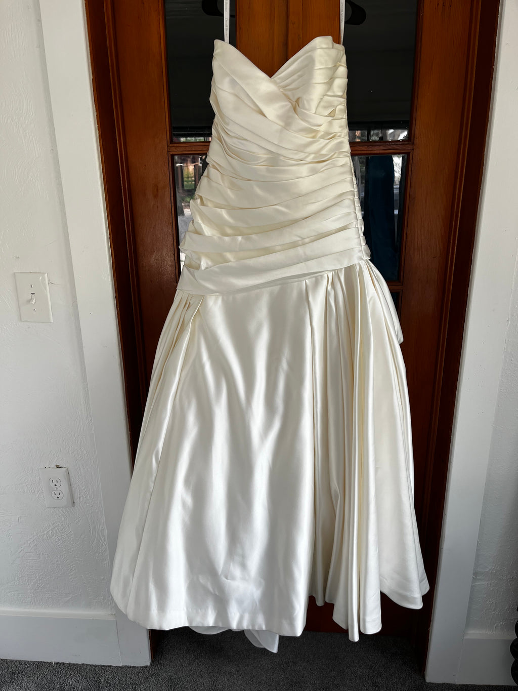 Strapless ivory satin with pleated skirt wedding dress #09
