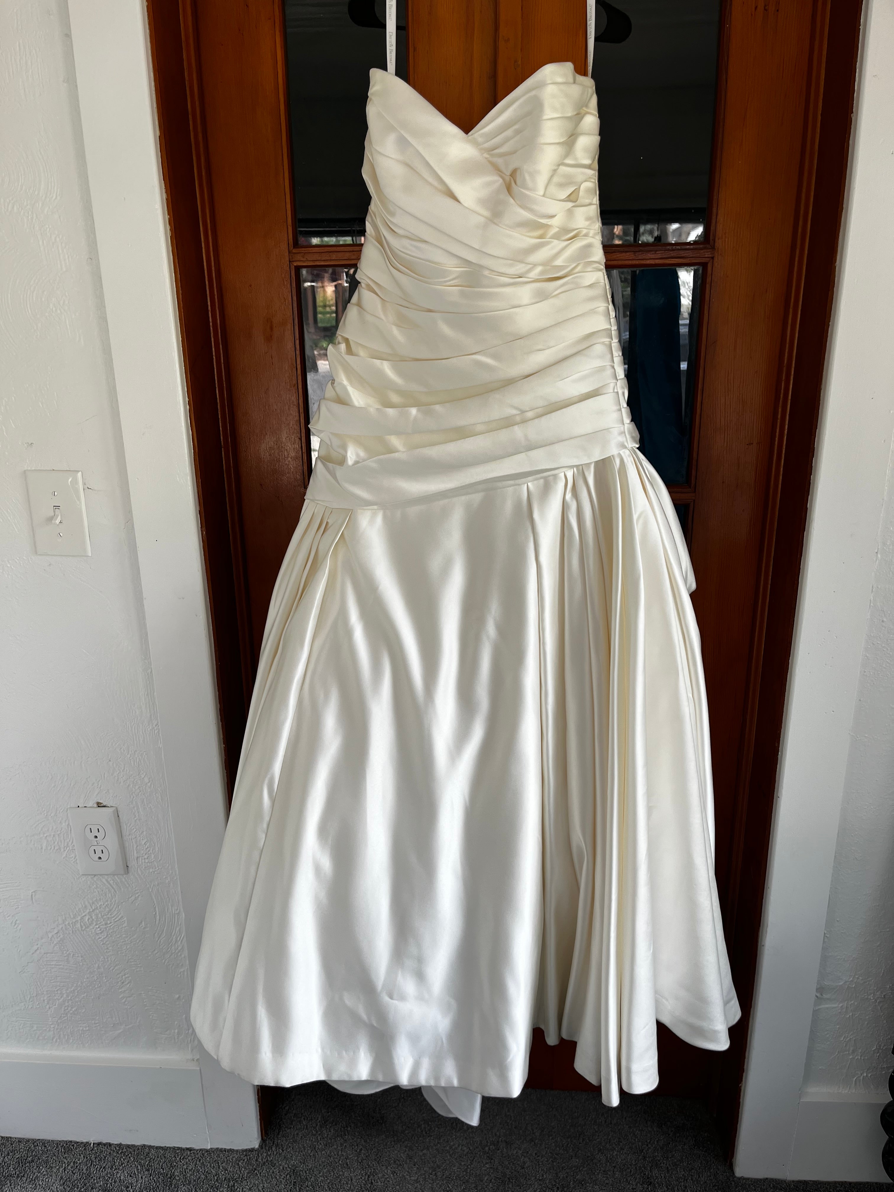 Strapless ivory satin with pleated skirt wedding dress #09