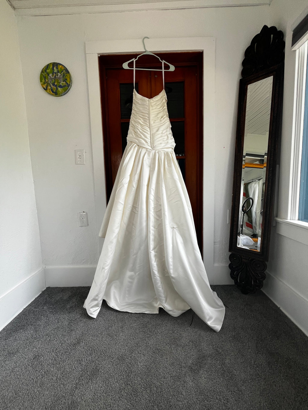 Strapless ivory satin with pleated skirt wedding dress #09