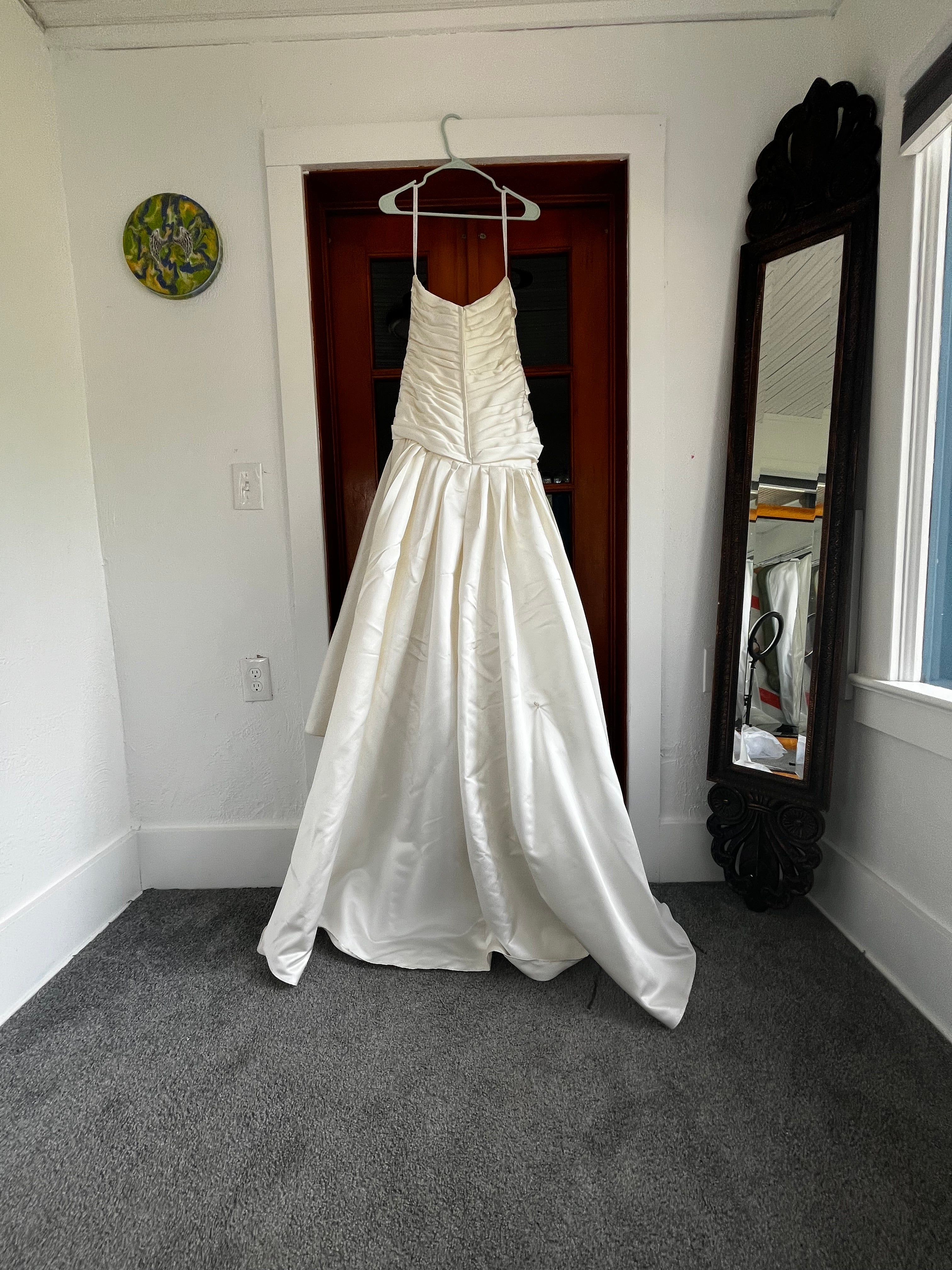 Strapless ivory satin with pleated skirt wedding dress #09