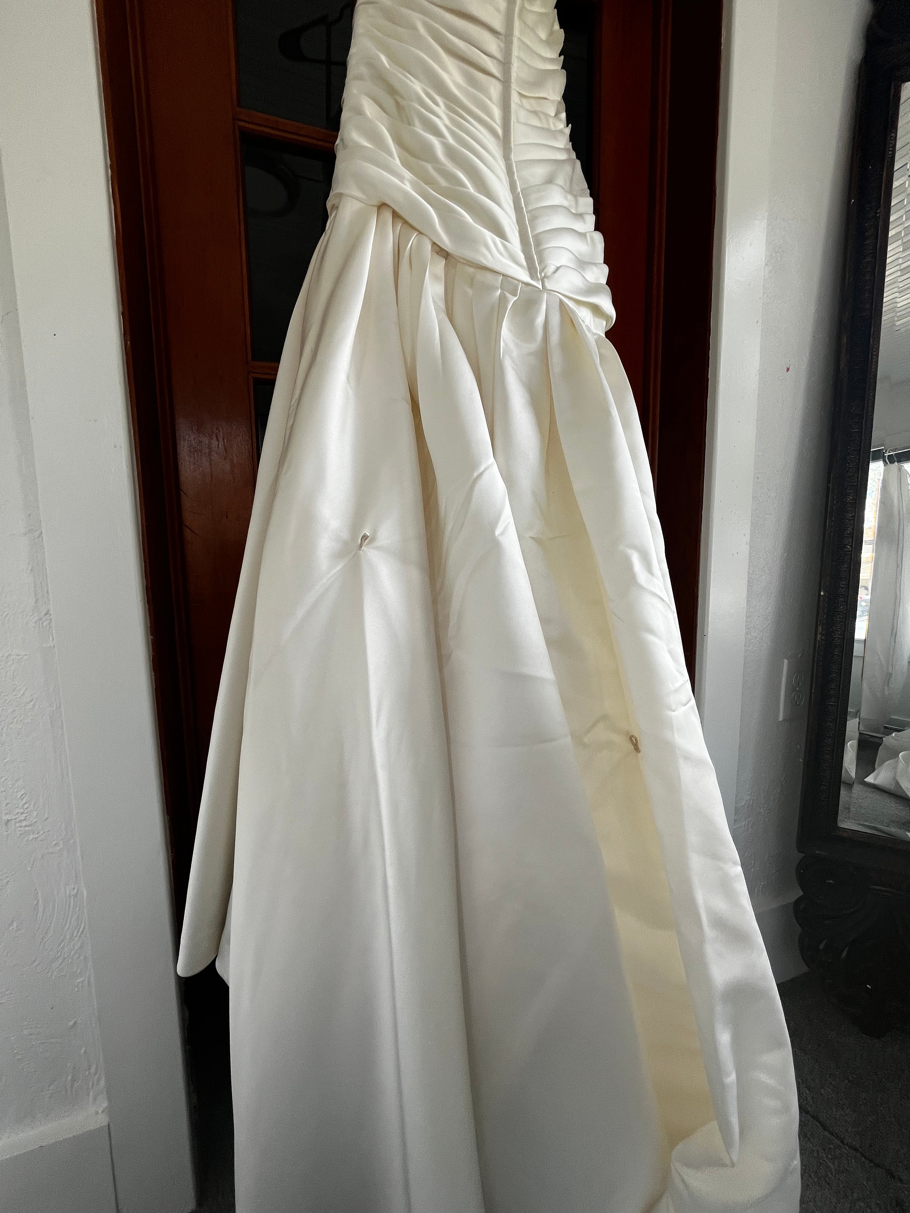 Strapless ivory satin with pleated skirt wedding dress #09